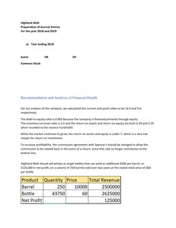 Highland Malt
Preparation of Journal Entries
For the year 2018 and 2019
a)
Year ending 2018
Event                       DR
CR