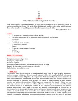 + 
I I 
 
0 I 
0 I 
I I 
 
OGBE DI 
 
Hablan Oshún Elewa Obatala Ogún Dada Orula Oke 
 
Se le dio de comer a Eshu para poder