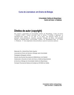 Curso de Licenciatura em Ensino de Biologia
Universidade Católica de Moçambique
Centro de Ensino `a Distância
Direitos de aut