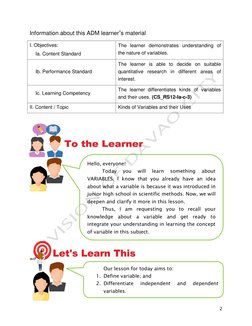 2 
Information about this ADM learner’s material          
 
 
 
 
 
 
 
 
 
 
 
 
 
 
 
 
 
 
 
I. Objectives: 
Ia. Cont