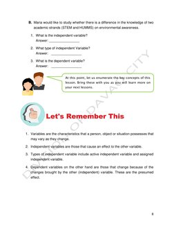 8 
B. Maria would like to study whether there is a difference in the knowledge of two 
academic strands (STEM and HUMMS)