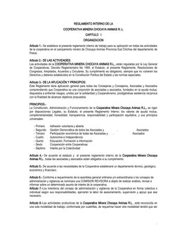 REGLAMENTO INTERNO DE LA 
COOPERATIVA MINERA CHOCAYA ANIMAS R. L. 
CAPITULO   I
ORGANIZACION
Artículo 1.- Se establece el pre