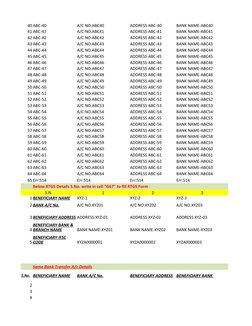 40 ABC-40
A/C NO.ABC40
ADDRESS ABC-40
BANK NAME-ABC40
41 ABC-41
A/C NO.ABC41
ADDRESS ABC-41
BANK NAME-ABC41
42 ABC-42
A/C NO.