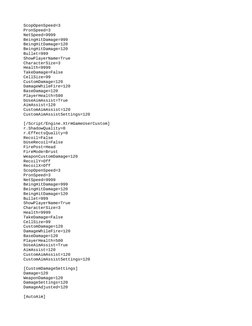 ScopOpenSpeed=3
PronSpeed=3
NetSpeed=9999
BeingHitDamage=999
BeingHitDamage=120
BeingHitDamage=120
Bullet=999
ShowPlayerName=
