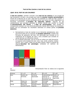 Test de Max Lüscher o test de los colores
¿QUE  ES EL TEST DE LOS COLORES?
El test de Lüscher, también conocido como test de