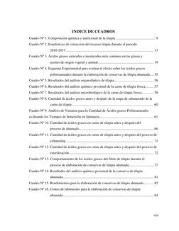 viii 
 
INDICE DE CUADROS 
Cuadro Nº 1. Composición química y nutricional de la tilapia .....................................