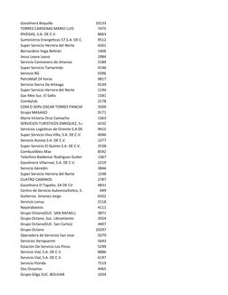 Gasolinera Boquilla
10133
TORRES CARDENAS MARIO LUIS
7475
RIVEGAS, S.A. DE C.V.
8663
Suministros Energeticos 57,S.A. DE C.
95