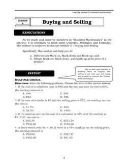 Learning Module for Business Mathematics 
 
 
 
LESSON 
 
5 
 
 
 
Buying and Selling 
 
 
EXPECTATIONS