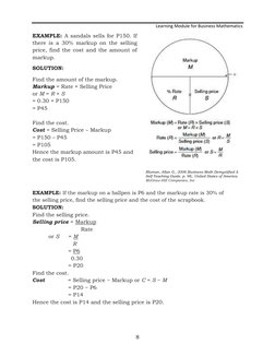 EXAMPLE: A sandals sells for P150. If 
there is a 30% markup on the selling 
price, find the cost and the amount of 
mark