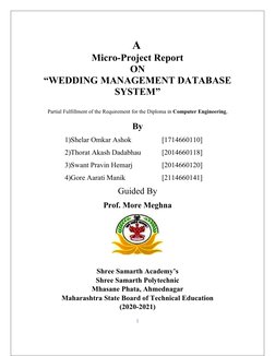 A
Micro-Project Report
ON
“WEDDING MANAGEMENT DATABASE
SYSTEM”
Partial Fulfillment of the Requirement for the Diploma in Com
