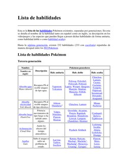 Lista de habilidades 
 
Esta es la lista de las habilidades Pokémon existentes, separadas por generaciones. En esta 
se detal