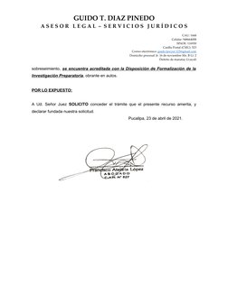 GUIDO T. DIAZ PINEDO
A S E S O R   L E G A L  –  S E R V I C I O S   J U R Í D I C O S 
CAU: 1668
Celular: 948664008
SINOE: 1