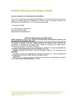 Instituto Mexicano del Seguro Social  
 
Aviso de inscripción o de reanudación de actividades 
 
Con el fin de mantenerlos ad