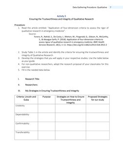 7 
Data Gathering Procedure: Qualitative 
Activity 5 
Ensuring the Trustworthiness and Integrity of Qualitative Research
