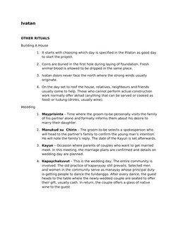 Ivatan 
 
OTHER RITUALS
Building A House
1. It starts with choosing which day is specified in the Pilaton as good day 
to sta