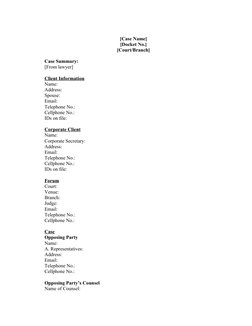 First page of a legal case summary template with client, court, opposing party, and counsel fields