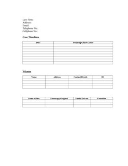 Second page of a legal case summary template with timelines, witnesses, and document records