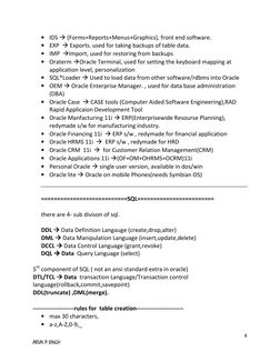 4 
ARUN P SINGH 
• IDS  (Forms+Reports+Menus+Graphics), front end software. 
• EXP   Exports. used for taking backups of ta