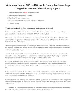 Write an article of 350 to 400 words for a school or college
magazine on one of the following topics:
1. The Re-Awakening Eas