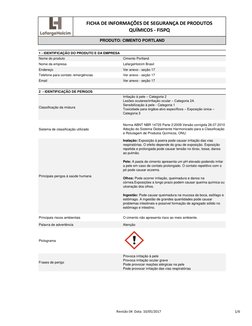 1 - IDENTIFICAÇÃO DO PRODUTO E DA EMPRESA
Nome do produto
Cimento Portland
Nome da empresa
LafargeHolcim Brasil
Endereço
Ver