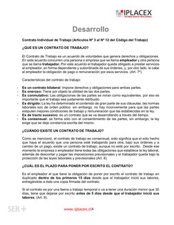 www.iplacex.cl 4 
Desarrollo 
 
Contrato Individual de Trabajo (Artículos Nº 3 al Nº 12 del Código del Trabaj