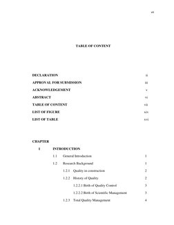 vii 
 
 
 
 
TABLE OF CONTENT 
 
 
 
DECLARATION 
 
 
 
 
 
 
 
             ii 
APPROVAL FOR SUBMISSION