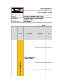 SISTEMA DE GESTIÓN DE SEGURIDAD Y SALUD
IDENTIFICACIÓN DE PELIGROS Y EVALUACIÓN DE R
Obra
Actividad
INSTALACIÓN DE BANNER PUB