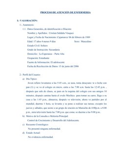 PROCESO DE ATENCIÓN DE ENFERMERIA
I.- VALORACIÓN:
    1.- Anamnesis: 
1.1. Datos Generales, de identificación o filiación:
No