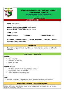 Plan de Clases: Suma para Primer Grado | PDF | Aprendizaje