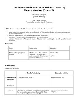 Grade 7 Music Lesson Plan: Visayan Vocal Music | PDF | Songs | Lesson Plan