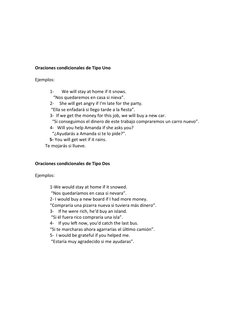 Oraciones condicionales de Tipo Uno
Ejemplos:
1-       We will stay at home if it snows. 
   “Nos quedaremos en casa si nieva