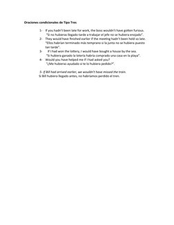 Oraciones condicionales de Tipo Tres
1-
If you hadn’t been late for work, the boss wouldn’t have gotten furious.
 “Si no hubi