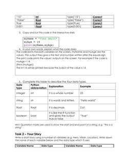 “15” 
Int 
type(“15”) 
Correct 
“False” 
Bool 
type(“False”) 
Correct 
True 
Bool 
type(True) 
Correct 
0.001 
Float 
type(0.