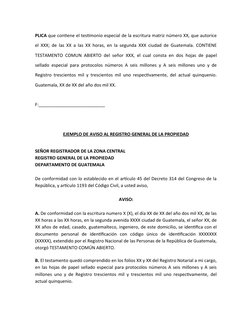 PLICA que contiene el testimonio especial de la escritura matriz número XX, que autorice
el XXX; de las XX a las XX horas, en