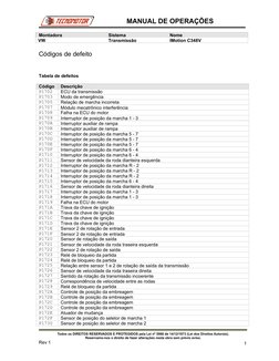 Montadora
Sistema
Nome
VW
Transmissão
IMotion C348V
Códigos de defeito
Tabela de defeitos
Código
Descrição
P1702
ECU da trans