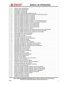 P17D4
Válvula 3 mau funcionamento
P17D5
Válvula 3 mau funcionamento
P17D6
Embreagem 1 pressão alta
P17D7
Embreagem 2 pressão