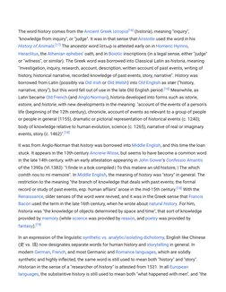The word history comes from the Ancient Greek (https://en.m.wikipedia.org/wiki/Ancient_Greek) ἱστορία (https://en.wiktionary.