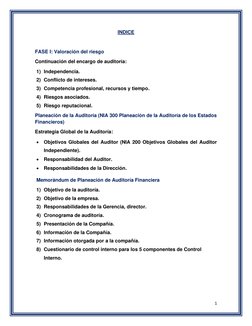 1 
 
INDICE 
 
FASE I: Valoración del riesgo 
Continuación del encargo de auditoría: 
1) Independencia. 
2) Conflicto de inte