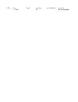 Sr. No.
 Name
Project
Loacation
Current Position 
Contact No.
1 S P Builders
Fort
022 - 22654532, 022 - 22671037
