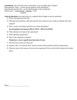 Calculations: show all units! (show work below or use a another sheet of paper)
Heat gained by water— use the second equation