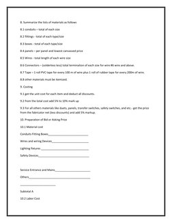 8. Summarize the lists of materials as follows 
8.1 conduits – total of each size 
8.2 fittings - total of each type/size 
8.