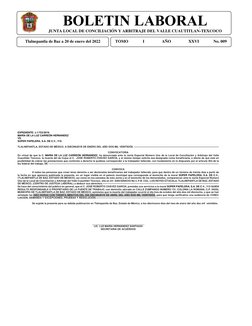 ´ 
BOLETIN LABORAL 
JUNTA LOCAL DE CONCILIACIÓN Y ARBITRAJE DEL VALLE CUAUTITLAN-TEXCOCO 
 
Tlalnepantla de Baz a 20 de