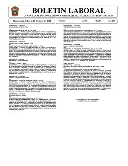 ´ 
BOLETIN LABORAL 
JUNTA LOCAL DE CONCILIACIÓN Y ARBITRAJE DEL VALLE CUAUTITLAN-TEXCOCO 
 
Tlalnepantla de Baz a 20 de