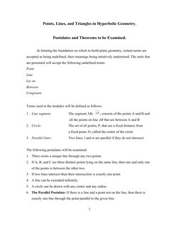 Points, Lines, and Triangles in Hyperbolic Geometry.
Postulates and Theorems to be Examined.
In forming the foundation on whi