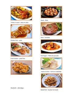 Turkey in souce – pavo en salsa
Chicken fries – pollo
Fried chicken – pollo frito
Meatballs – albóndigas
Steak – filete
Stew