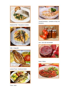 Mackerel fish – Pescado en cebolla
Sole – lenguado
Lemon Trout – trucha en limón
Tuna – atún
Tinned tomatoes – tomates en lat