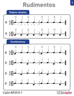 Rudimentos
Cajón BÁSICO 1
5
Golpes simples
4
4
4
4
1      +      2      +      3      +     4      + 
D          I         D