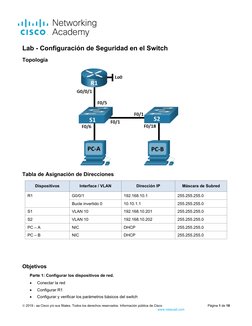 Lab - Configuración de Seguridad en el Switch
Topología
Tabla de Asignación de Direcciones
Dispositivos
Interface / VLAN
Dire