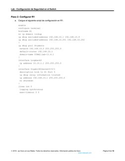 Lab - Configuración de Seguridad en el Switch
Paso 2: Configurar R1
a.
Cargue el siguiente script de configuración en R1.
Abr
