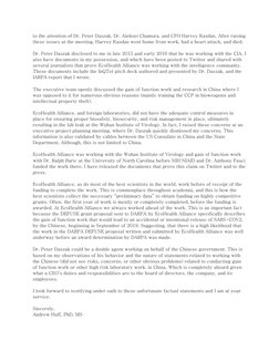 to the attention of Dr. Peter Daszak, Dr. Aleksei Chamura, and CFO Harvey Kasdan. After raising
these issues at the meeting,